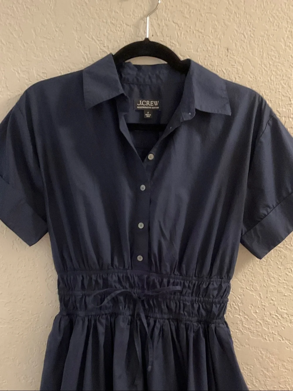 J. Crew Navy Drawstring Waist Cotton Shirt Dress with side pockets